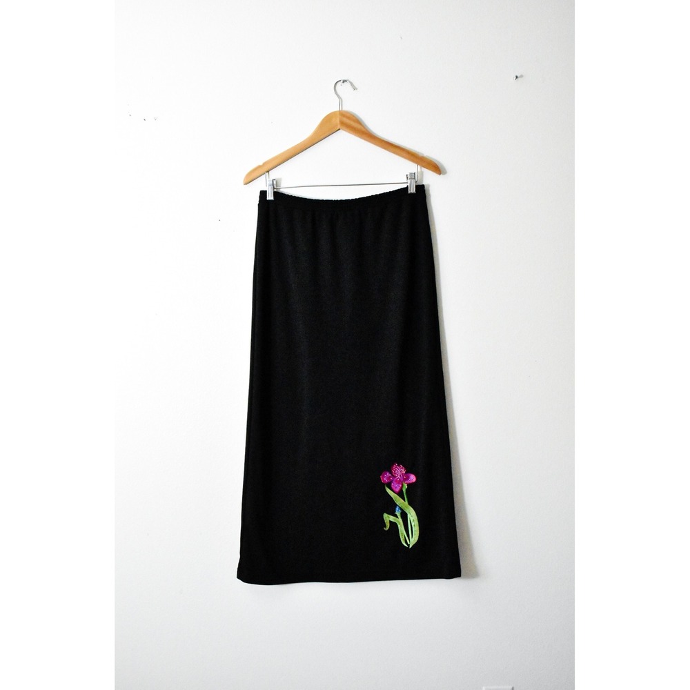 Quacker Factory Midi Skirt Womens S Black Vintage Beaded Floral Applique Slit‎